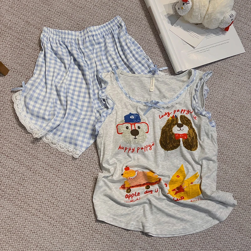 小众趣味印花背心睡衣女薄款夏天带胸垫宽松设计感蕾丝边无袖短裤