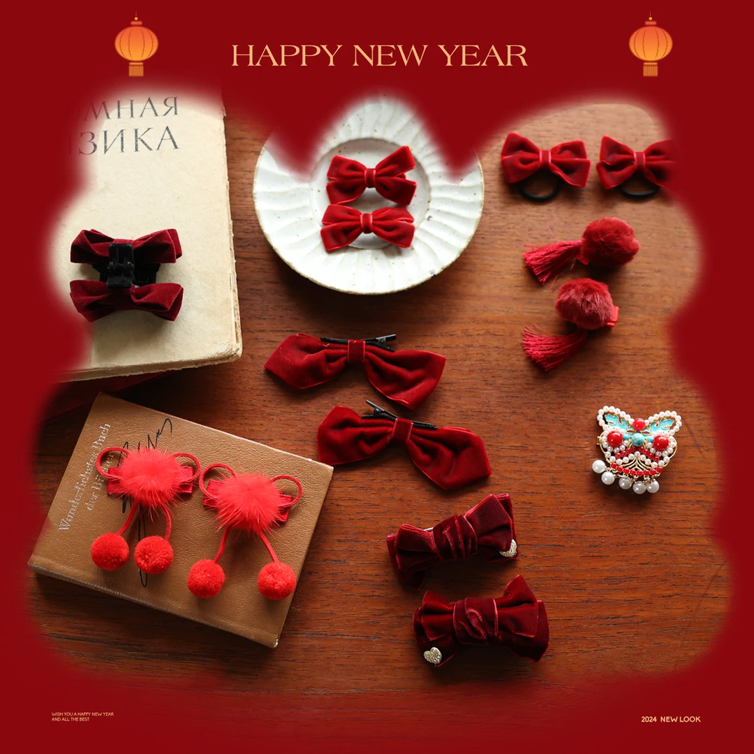 幼儿园宝宝新年可爱公主发夹发圈女童冬季洋气红色蝴蝶结发饰头饰