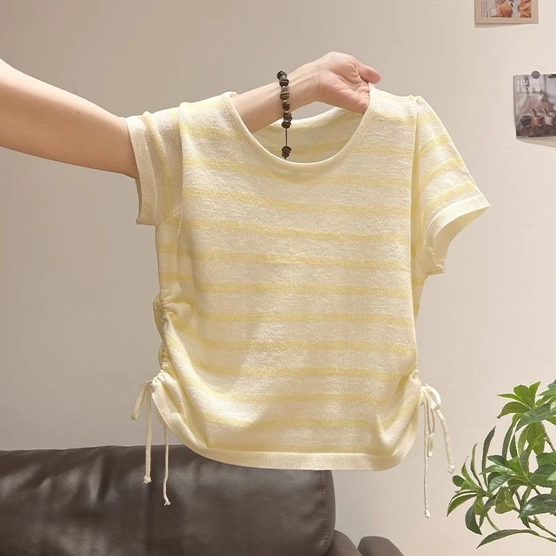 奶黄色条纹短袖针织t恤女2025年夏季设计感小众褶皱收腰显瘦上衣