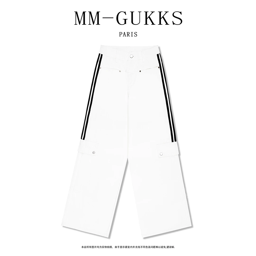 明明GUKKS/2025春季新款运动裤美式复古中高腰百搭侧杠条工装裤女