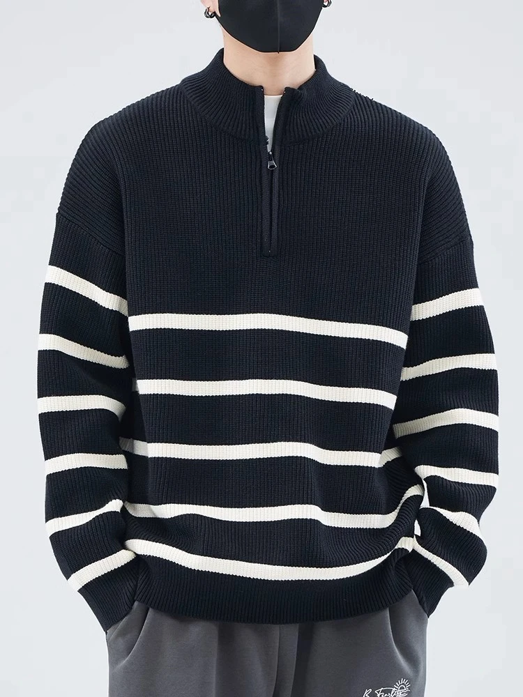 韩版条纹秋冬季潮牌休闲毛衣情侣宽松北极绒套头潮牌男士针织衫