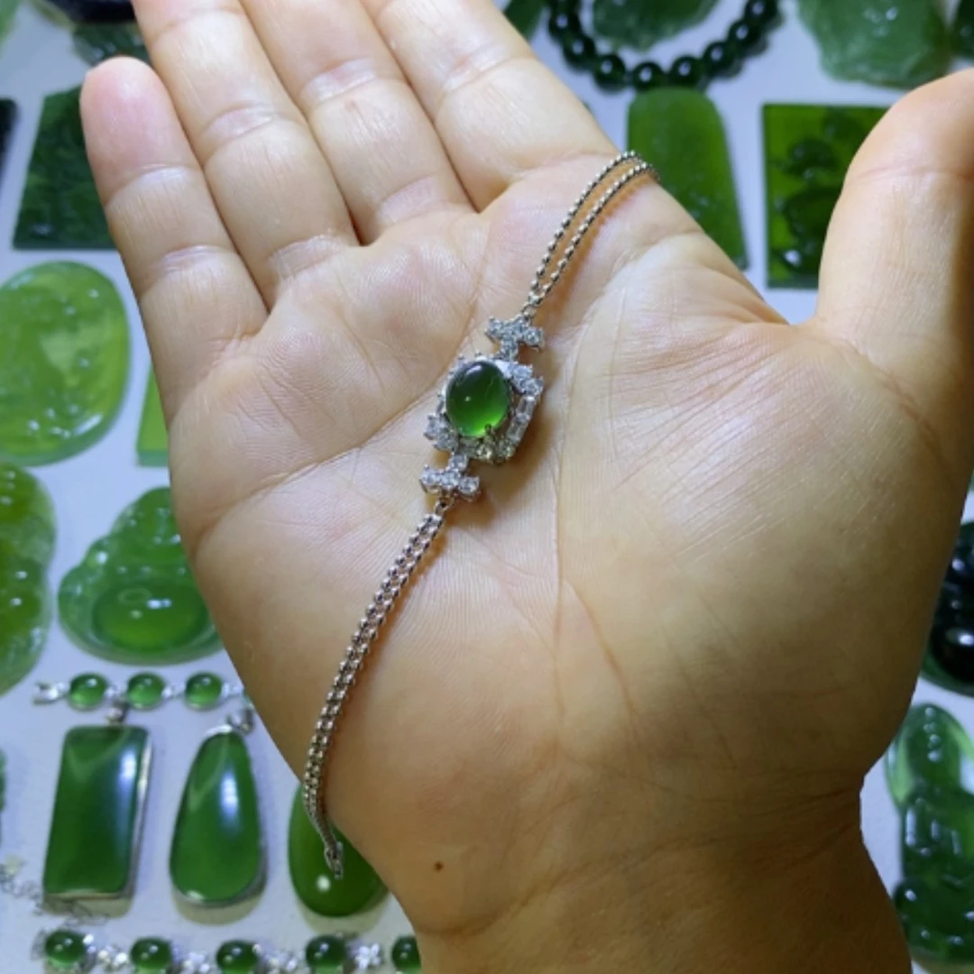 【闪购商品】银S925镶嵌蛇纹石玉手链
