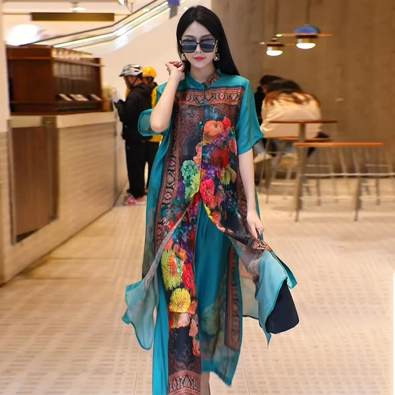 311大码田园风印花飘逸开衫宽松阔腿裤富太太优雅时尚两件套装女