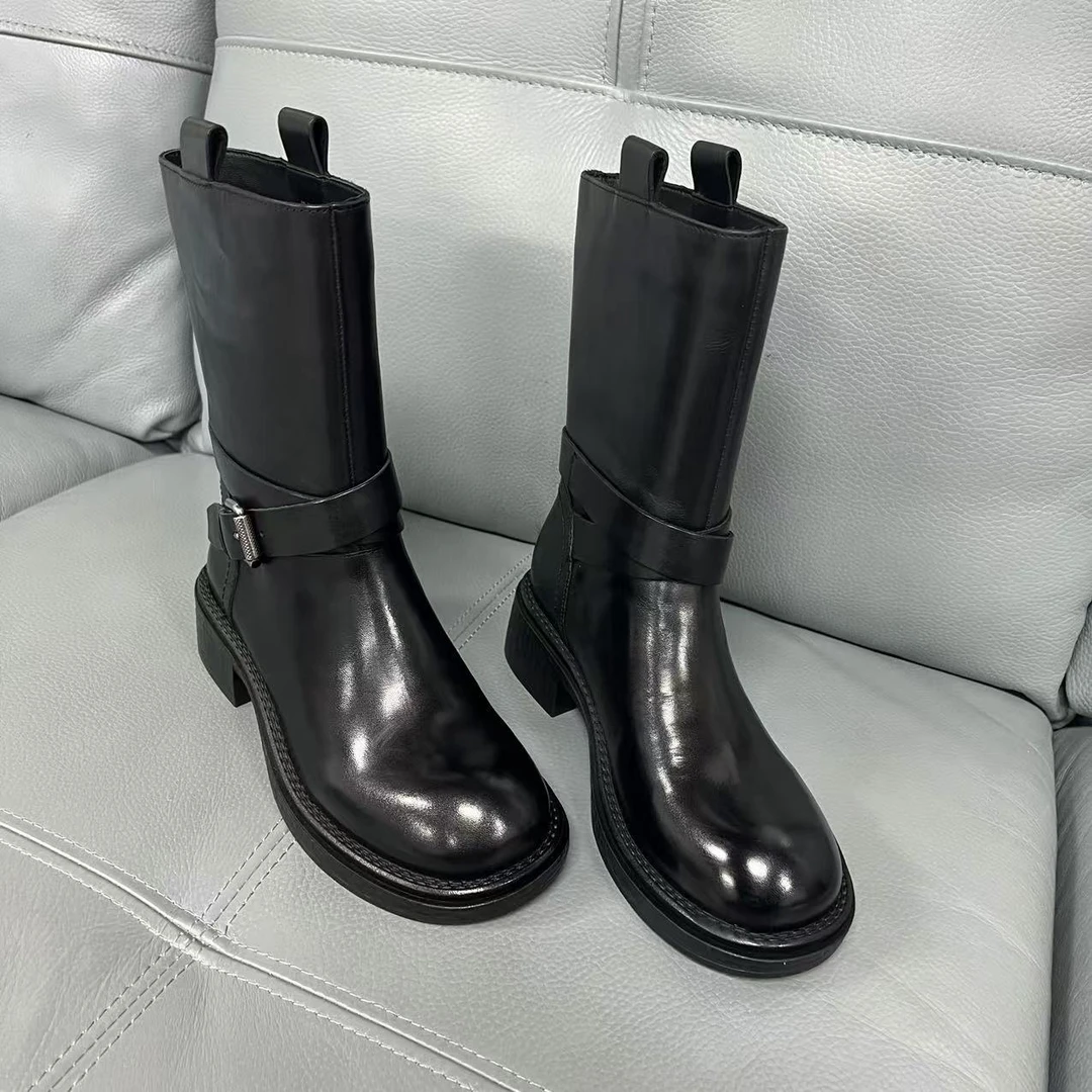 断码清仓处理/9605-R069烟雨诗情水洗牛皮重工艺中筒靴黑色厚底