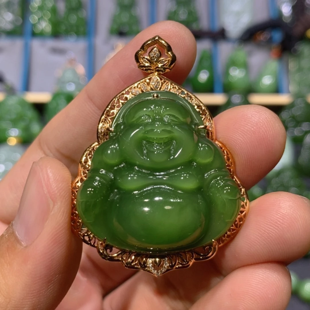 【闪购商品】和田玉吊坠(不含链)18K金镶嵌阳绿佛公 37/16