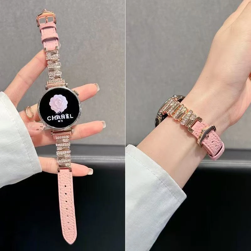 适用华为gt5/gt5pro表带GT3/2pro镶钻不规格拼荔枝纹皮GT4女表链