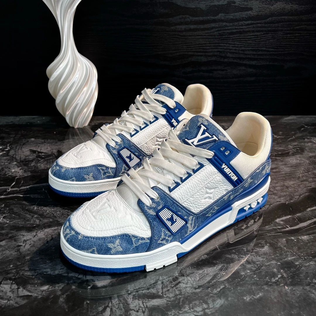 99新 LouisVuitton/路易威登 1393/42.5码/白蓝牛仔Trainer板鞋