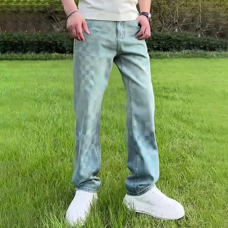 轻奢男装大码潮牌男士2025年新款时尚宽松棋盘格浅蓝色休闲长裤