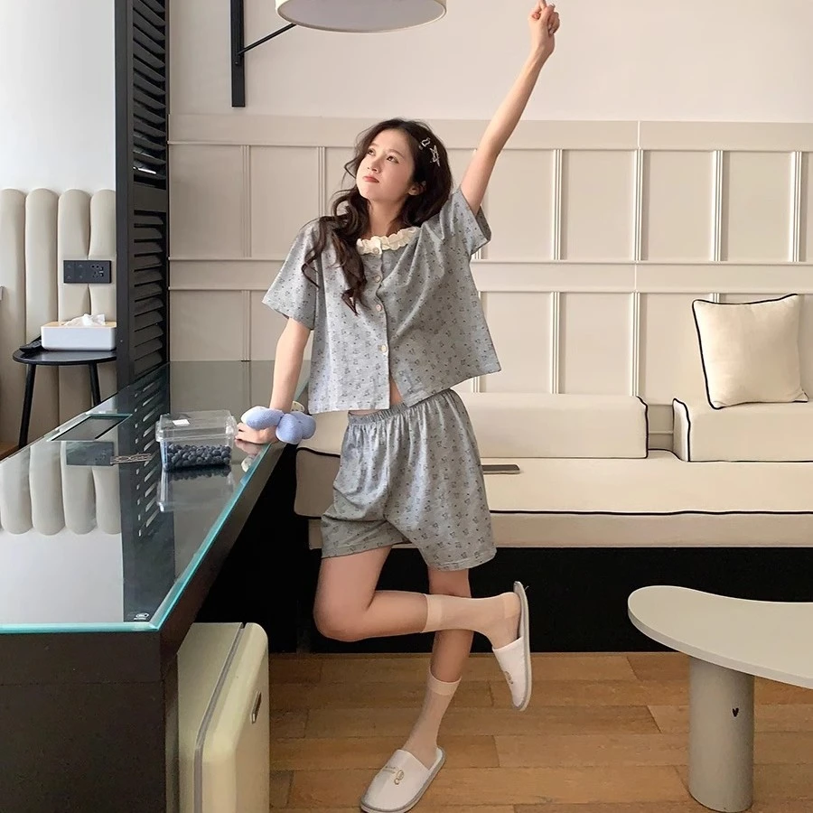 网红睡衣蕾丝花边韩国两件套小熊女款家居服薄款短袖夏天可爱甜美
