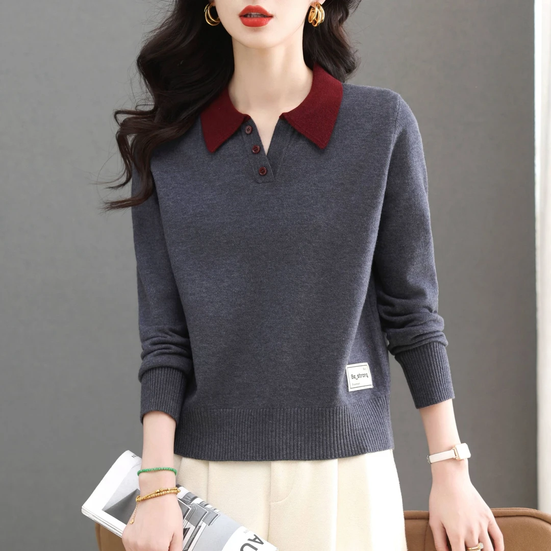 翻领针织衫女春秋宽松洋气撞色薄款打底上衣XM-808