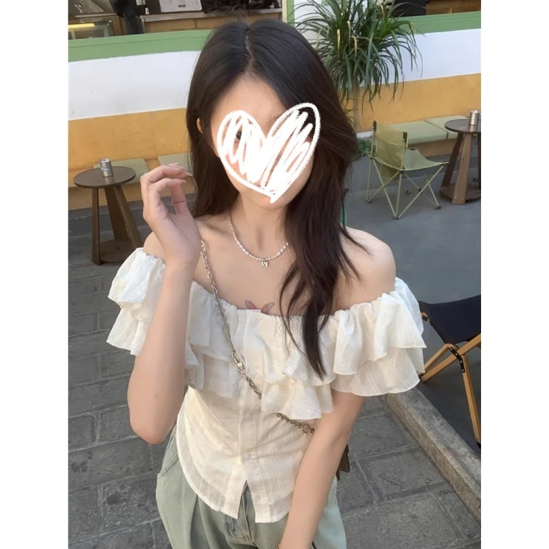 温柔气质一字肩短袖衬衫女夏季法式荷叶边修身显瘦别致上衣