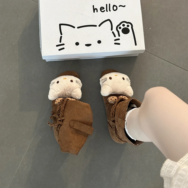 可爱卡通大头猫时装靴女2025秋冬新款棉拖鞋小众设计流苏短筒靴潮
