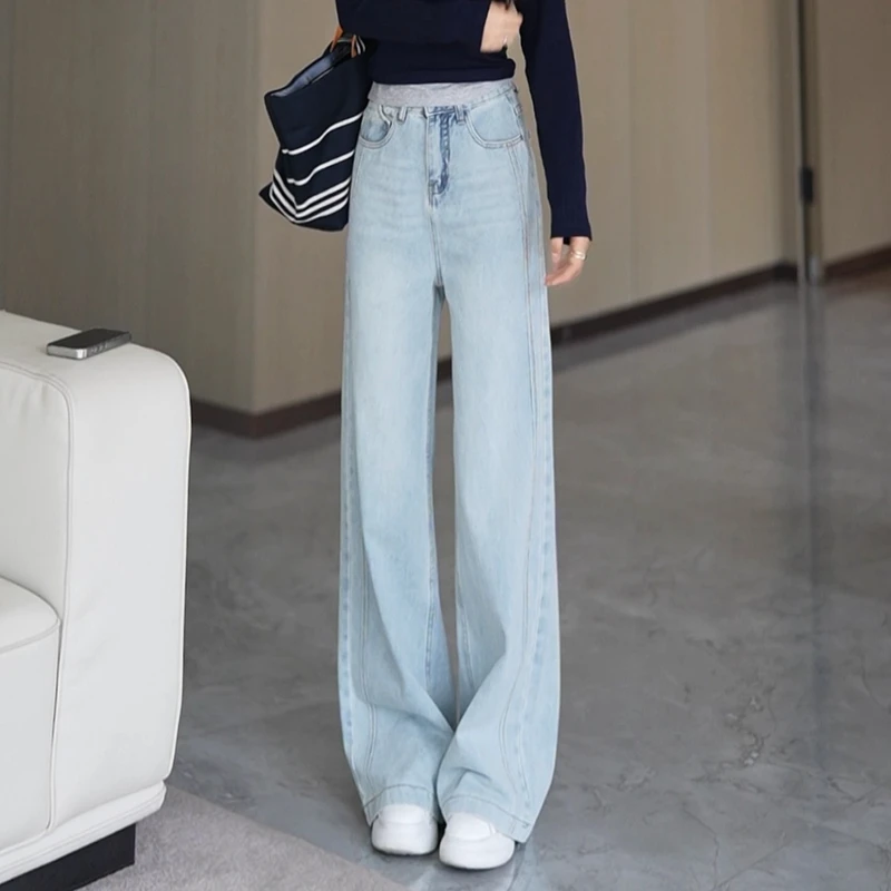 2025春款设计感浅色直筒裤女新款宽松显瘦垂感水洗牛仔裤Y5009