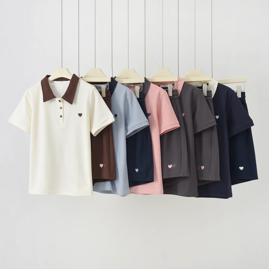 【两件套装】新款POLO衫短裤套装女款刺绣爱心潮流休闲套装305