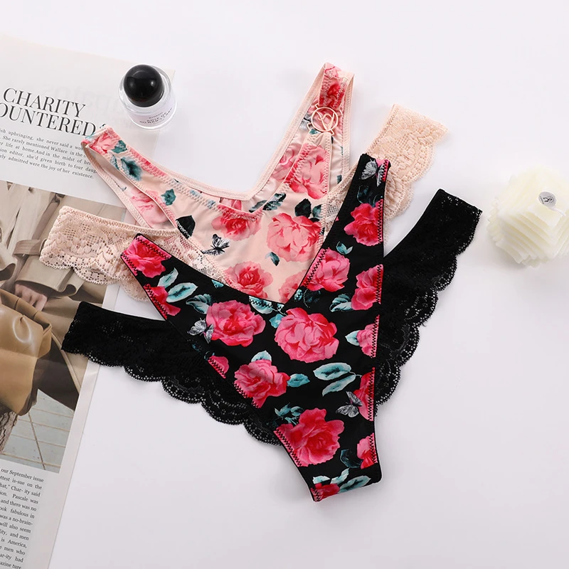 性内蕾丝深V印花冰丝内裤女士纯欲性感火辣三角裤大码纯棉打底