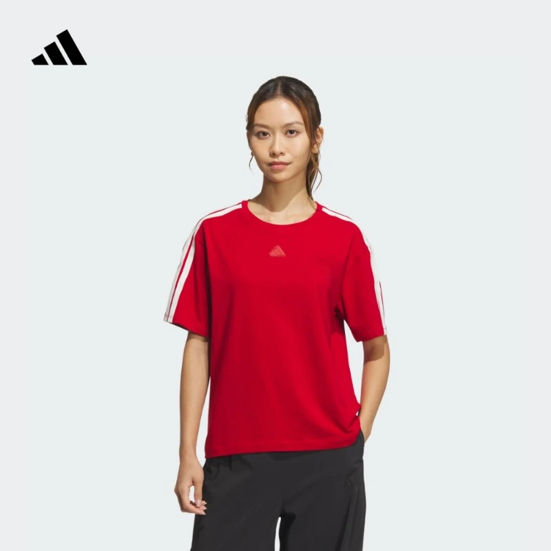 阿迪达斯官方 休闲宽松三条纹上衣运动圆领短袖T恤女款夏季JM8836