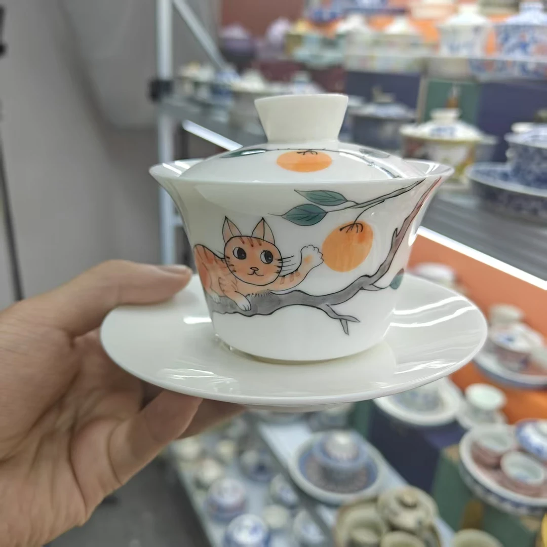 釉下彩手绘小萌猫悬停旋转三才盖碗功夫茶具家用泡茶碗0921