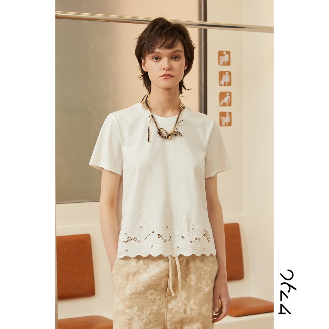 【花期】重工镂空绣花棉质正肩百搭小短款女装T恤2025X059