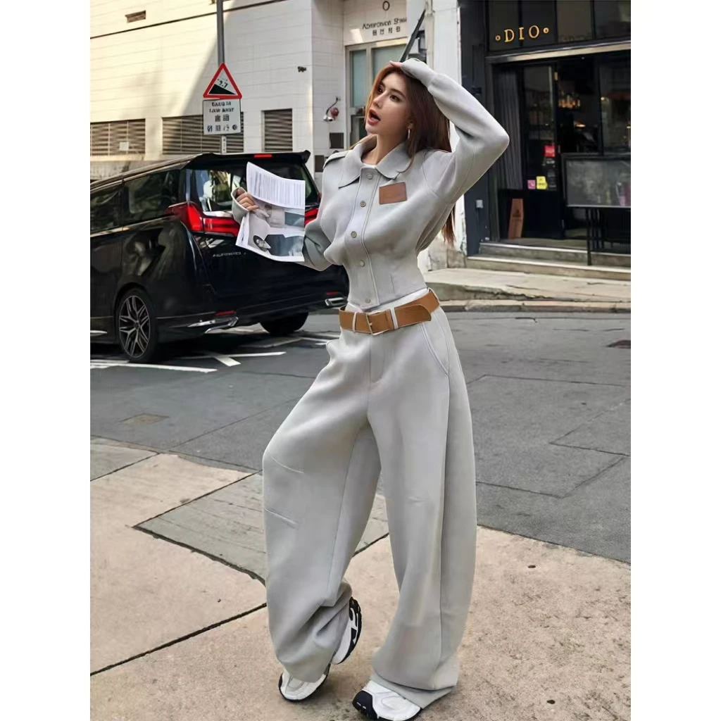 2025美式时尚收腰运动套装女秋季高级感纽扣外套宽松阔腿裤两件套