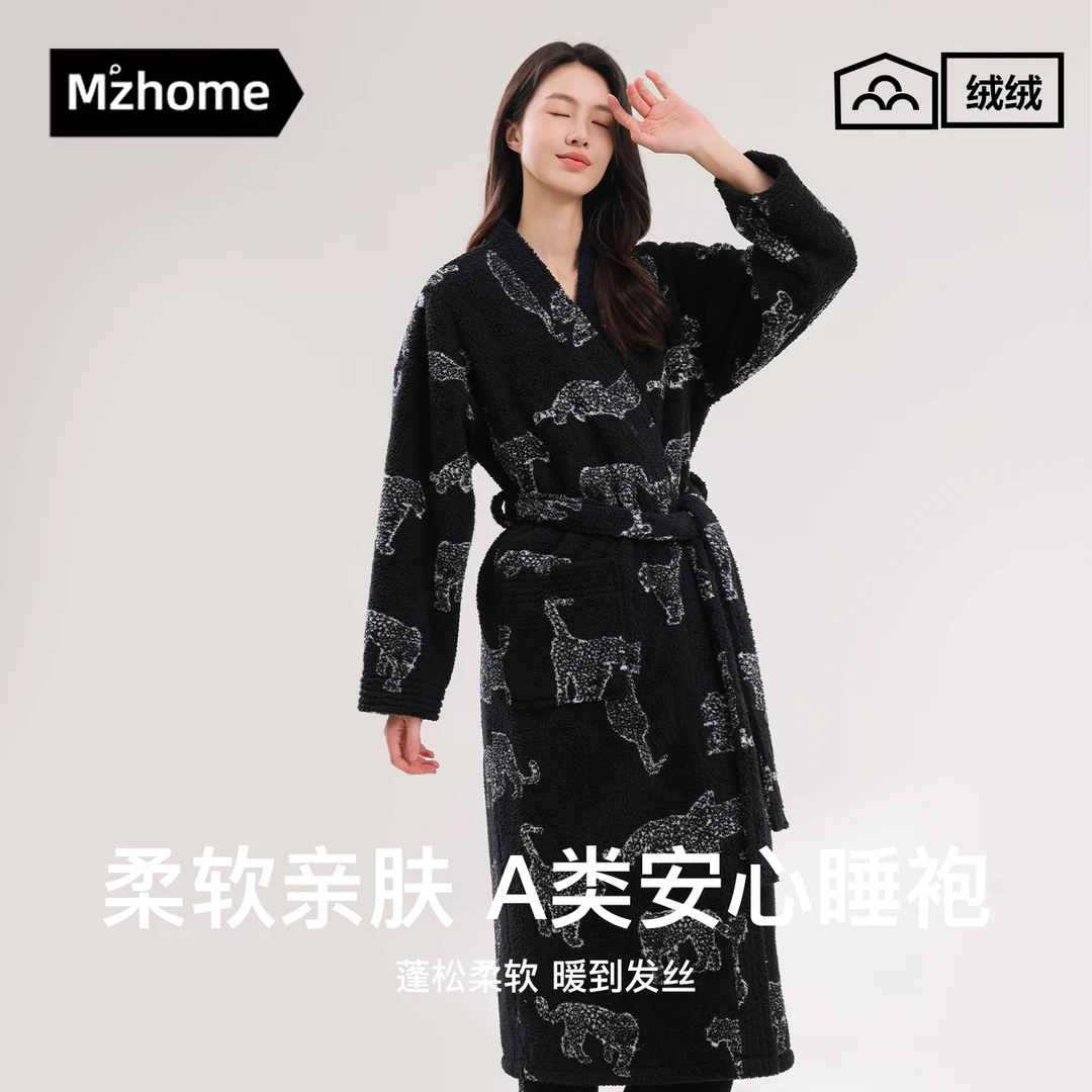 睡袍女士睡衣秋冬款冬季保暖加厚加绒珊瑚绒浴袍黑色长款睡衣新款