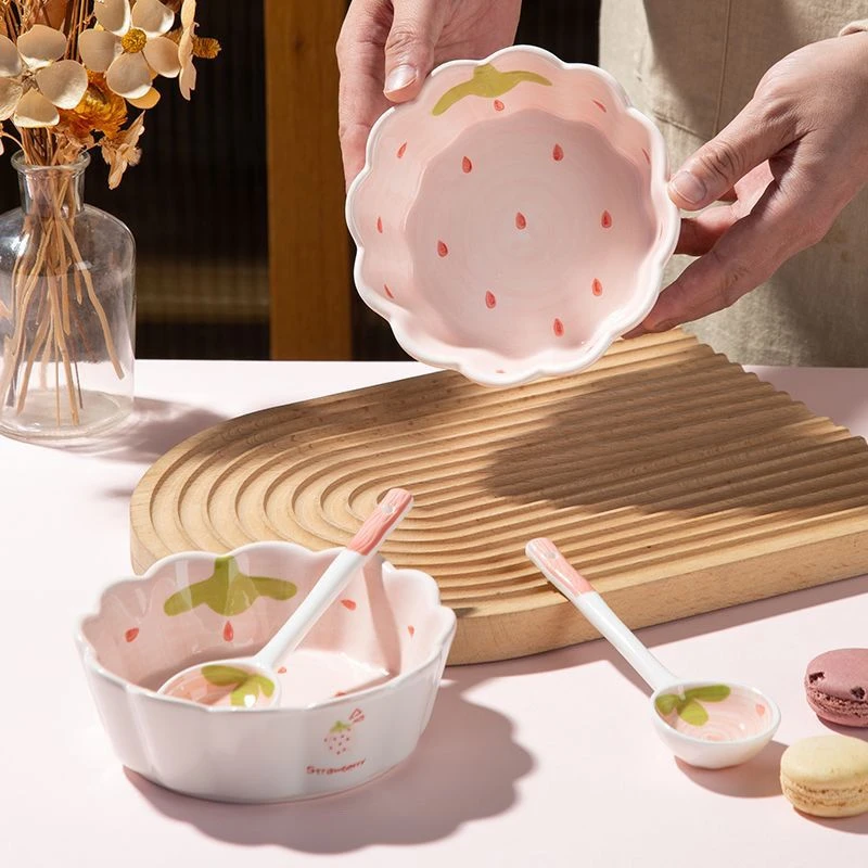 网红陶瓷ins高颜值汤碗家用少女甜品草莓花边碗草莓波浪碗好看