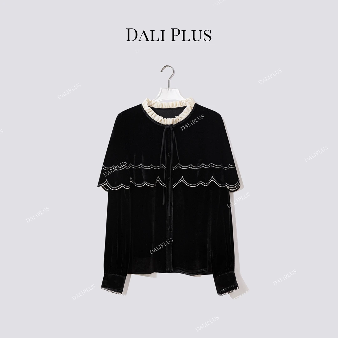 DALI PLUS“100真丝 黑丝绒斗篷衬衫”飘带醋酸花边上衣-D5LT2225-1