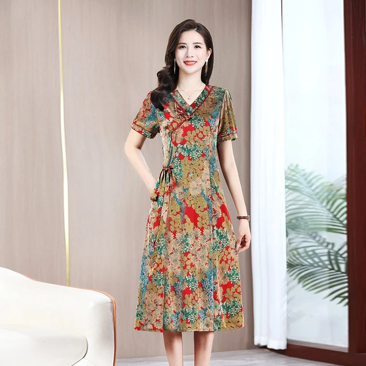 改良版旗袍连衣裙女夏季新款妈妈装时尚宽松遮肉显瘦中长款裙子