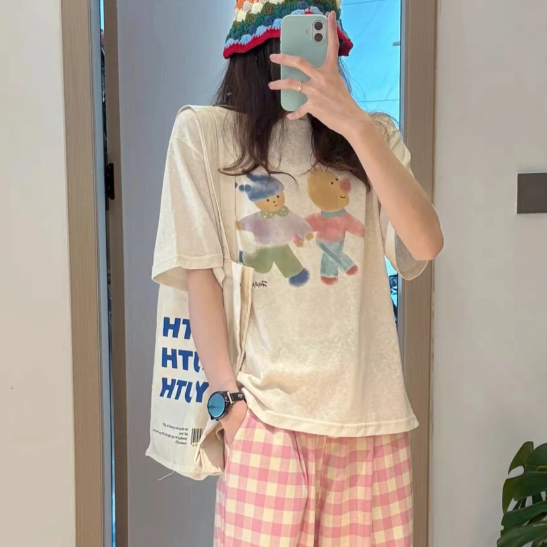 好朋友3色韩国女装鸡蛋雪花麻棉宽松短袖t恤ins博主风减龄上衣