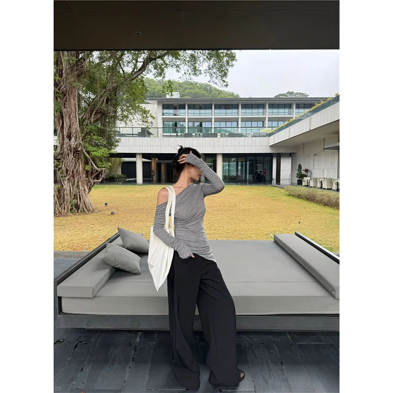 简约时尚休闲风纯色斜肩露背薄款修身长袖上衣高腰宽松直筒阔腿裤