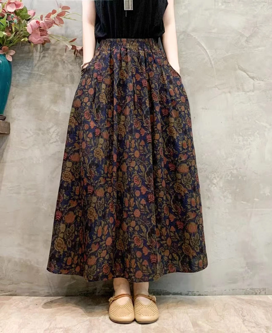 2025新款碎花A字半身裙时尚妈妈装中高腰舒适透气棉麻裙子