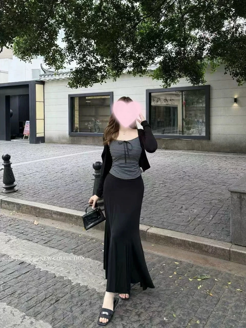 大码胖mm韩系松弛感条纹吊带纯欲气质开衫秋季新款高腰半裙90130