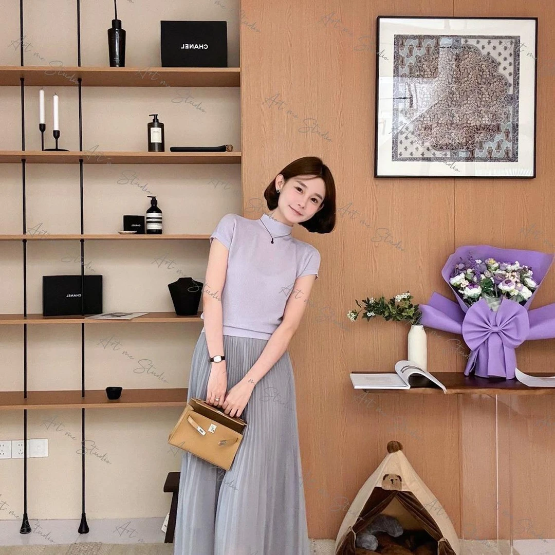 风琴压褶工艺波浪边两色百褶半裙w1583q2