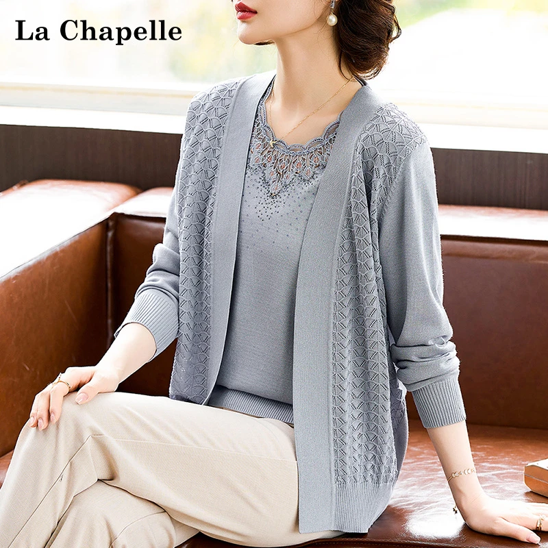 拉夏贝尔妈妈秋装针织衫上衣两件套高档中老年女春秋长袖开衫外套