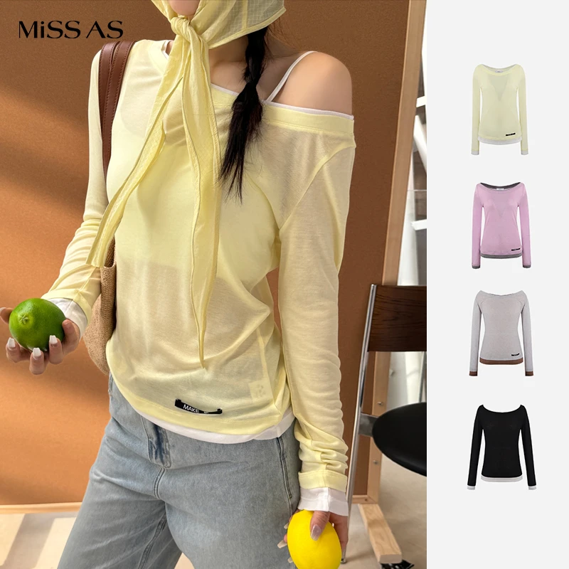 【MAKE IF】经典百搭假两件撞色一字肩上衣女25春夏