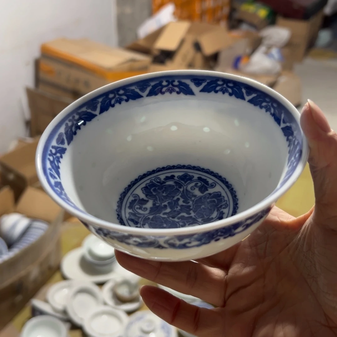 碗青花玲珑5寸牡丹饭碗