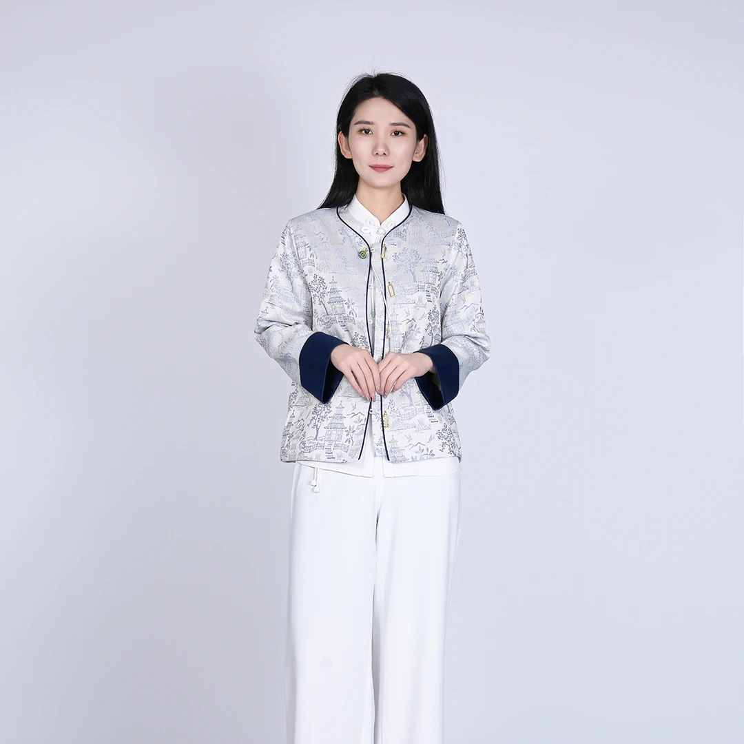 国风早春别致漂亮小衫气质年轻印花圆领复古女长袖短外套WS031302