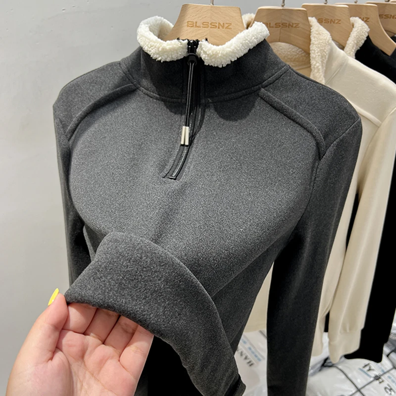 设计感立领羊羔毛T恤卫衣冬季2025年欧货半拉链加绒保暖长袖上衣
