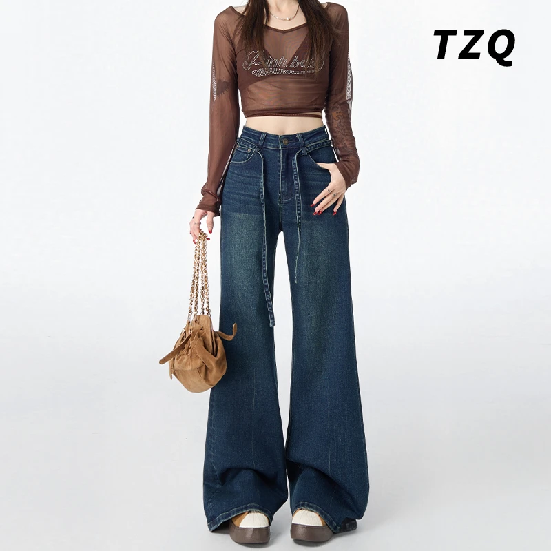 2025夏季新款高腰阔腿牛仔裤女宽松显瘦高腰微喇拖地裤TZQ2522151