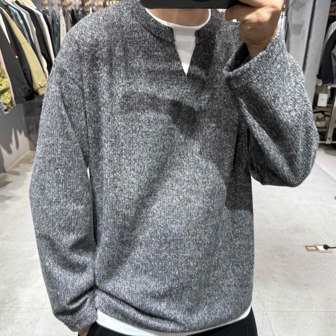 厚款针织常规款套头拼接保暖卫衣打底衫韩版纯色男款长袖