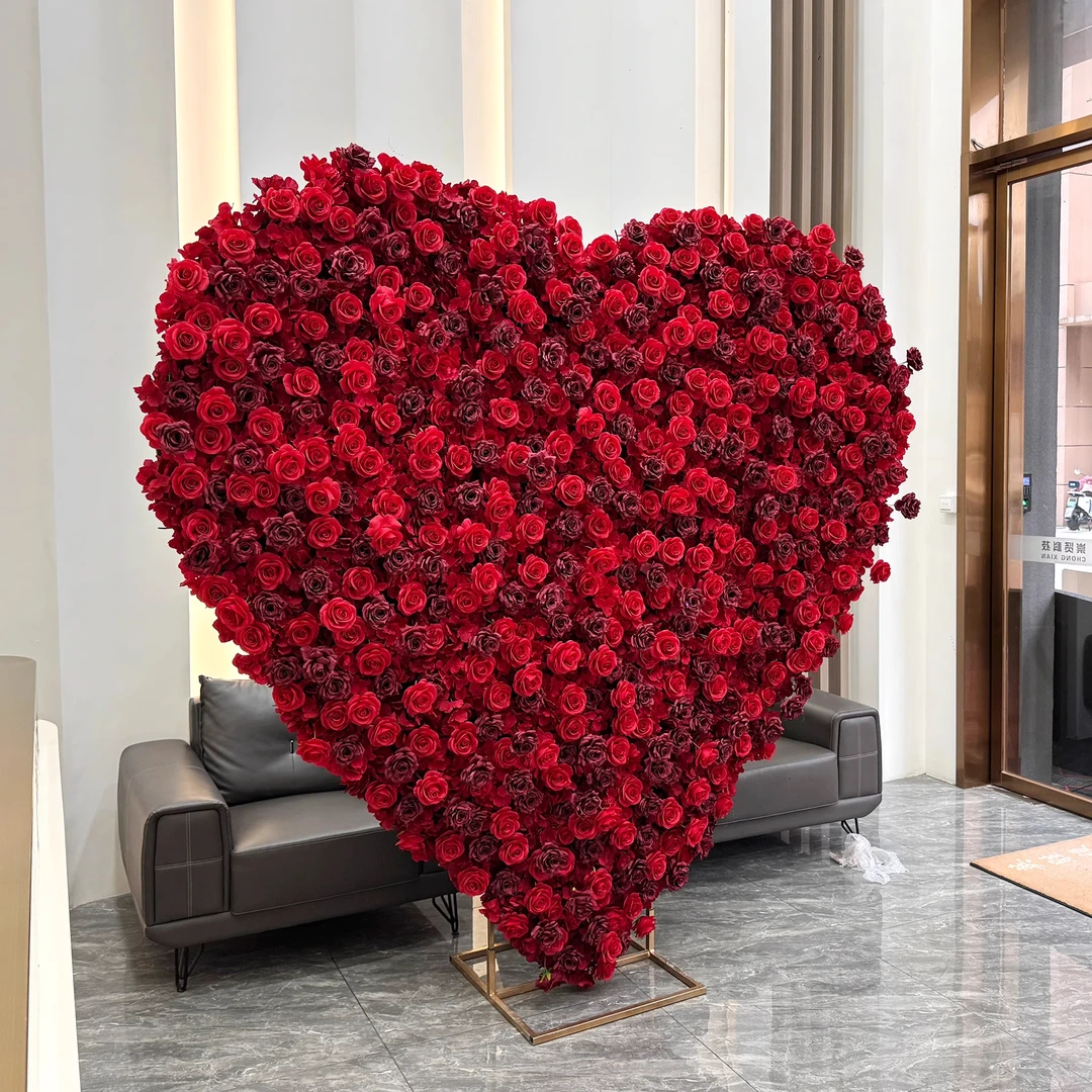 5D批发客厅定制红色仿真花墙布底爱心花墙摄影背景墙婚礼花墙心形