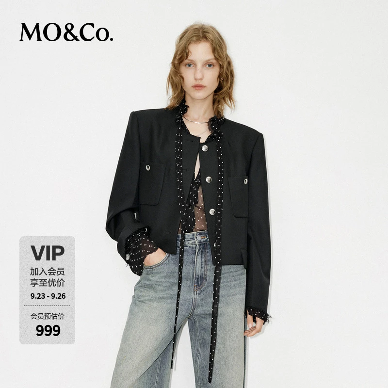 MOCO夹克外套冬绵羊毛精纺剪口无领垫肩短箱型MBD4JKT007