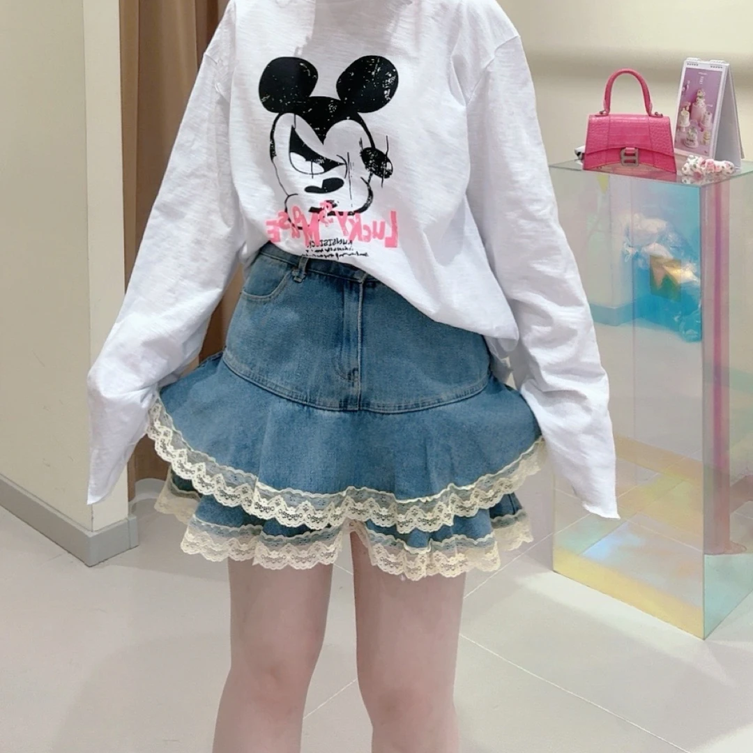 【牛仔甜心】大观欧货层次感设计牛仔裤裙蕾丝百搭白色甜美高腰重工