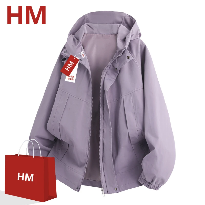HM春秋季新款宽松工装连帽外套防风防水户外潮牌休闲男女同款夹克