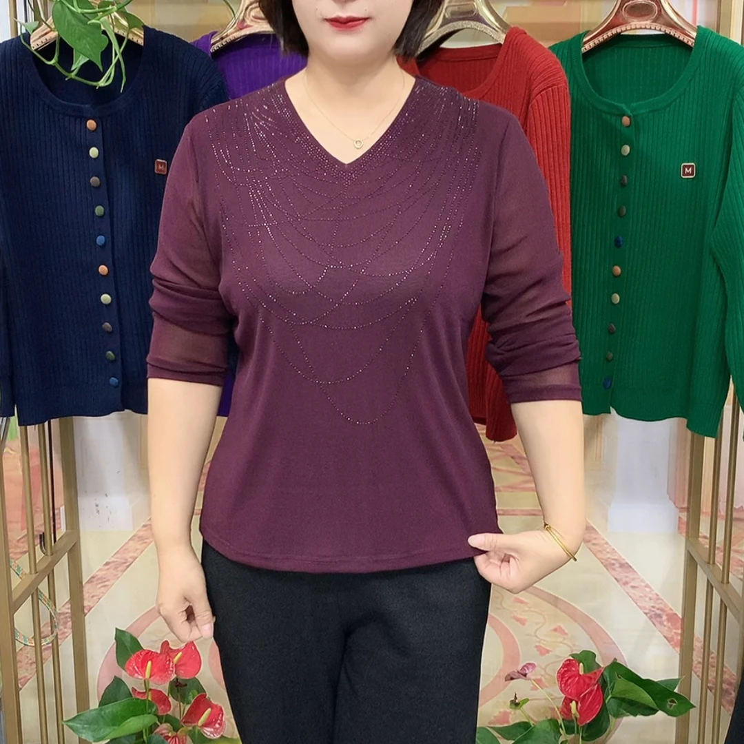 网红镶钻V领秋季长袖洋气显瘦时尚百搭打底衫