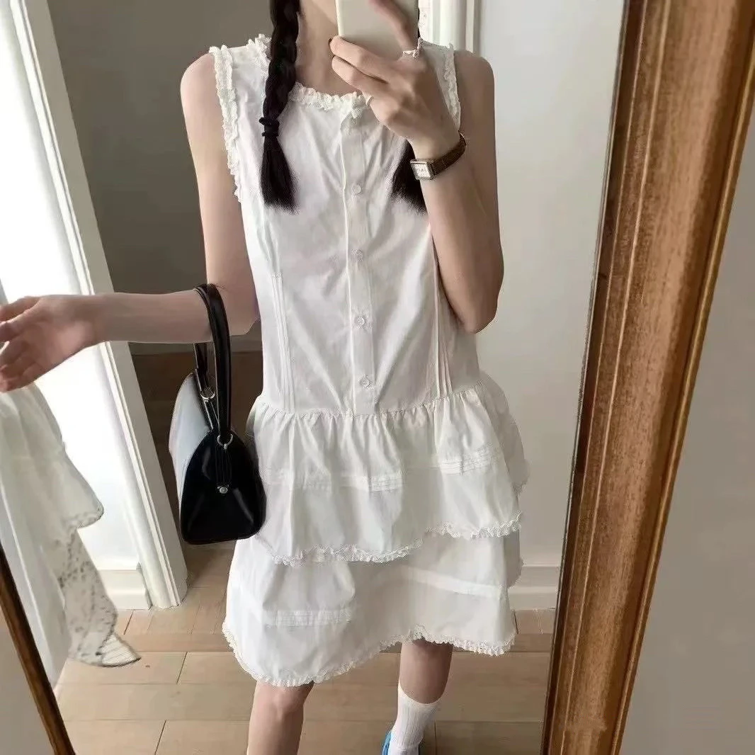 INS风法式蕾丝边小众背心吊带无袖白色裙子夏季气质女装收腰显瘦