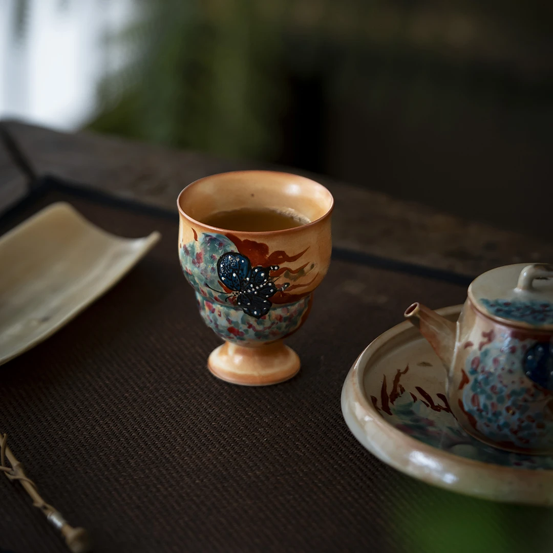 志野烧手绘蝴蝶高脚葫芦杯精致主人杯家用功夫茶具单杯