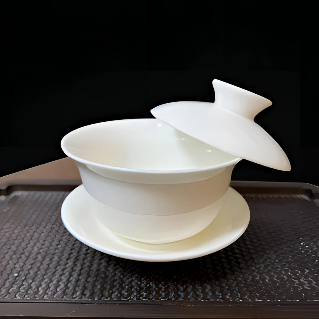 G1192-纯白悬停三才盖碗手工简约陶瓷超薄白瓷带盖茶盖碗高档