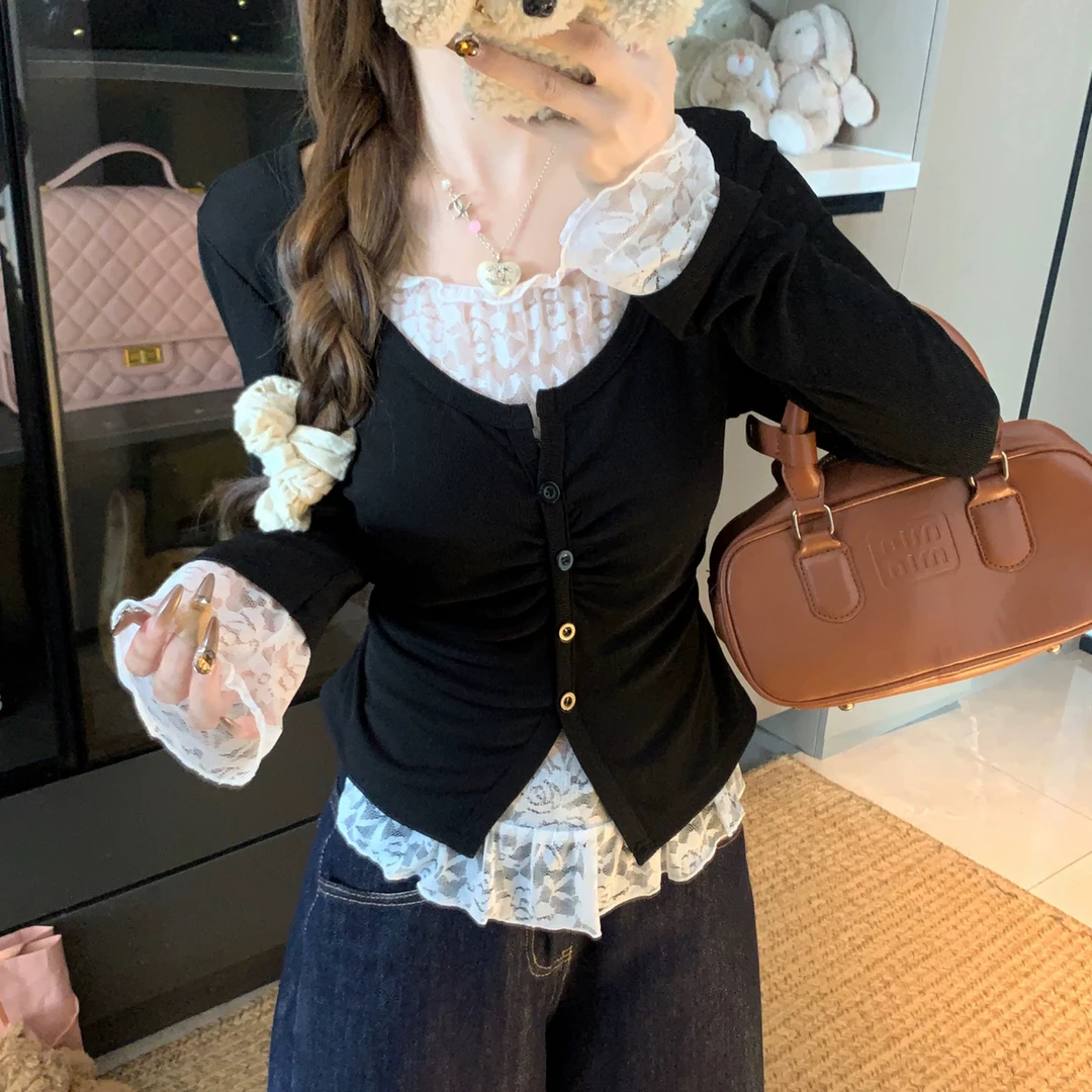 【纯欲少女】纯欲辣妹显瘦时尚修身复古V领长袖假两件上衣