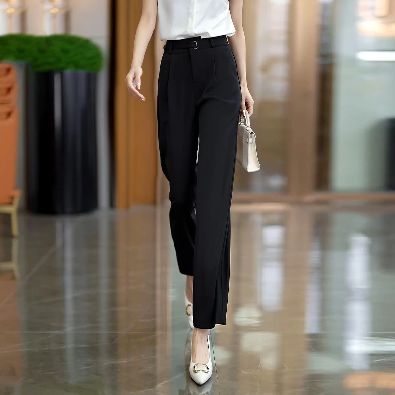 黑色窄版阔腿裤女2025夏季新款高腰百搭时尚不规则直筒西装裤9177