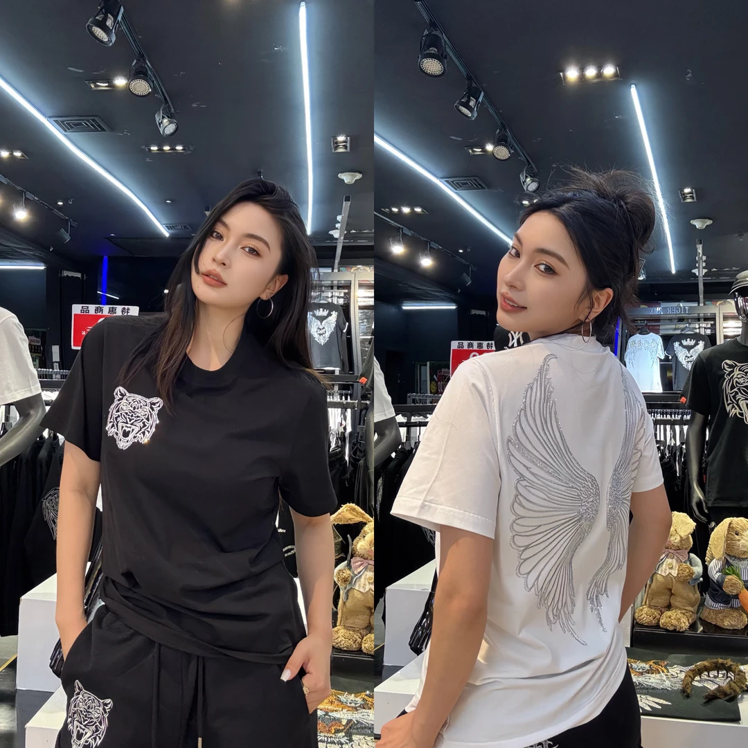 TIGERMAX 潮牌男女同款银丝烫钻翅膀T恤0602